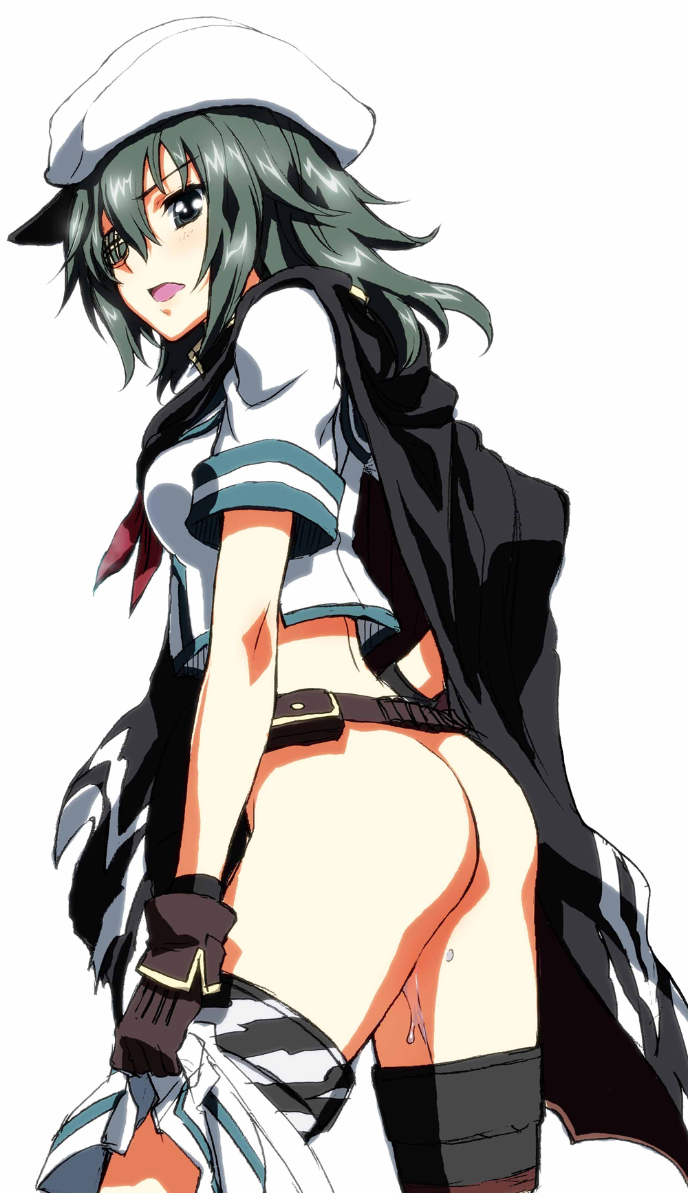 ass black_gloves blush cape cowboy_shot eyepatch gloves green_eyes green_hair hat highres kaishaku kantai_collection kiso_(kantai_collection) neckerchief no_panties open_mouth pussy_juice remodel_(kantai_collection) sailor_hat school_uniform serafuku short_sleeves simple_background skirt skirt_removed solo thighhighs white_background