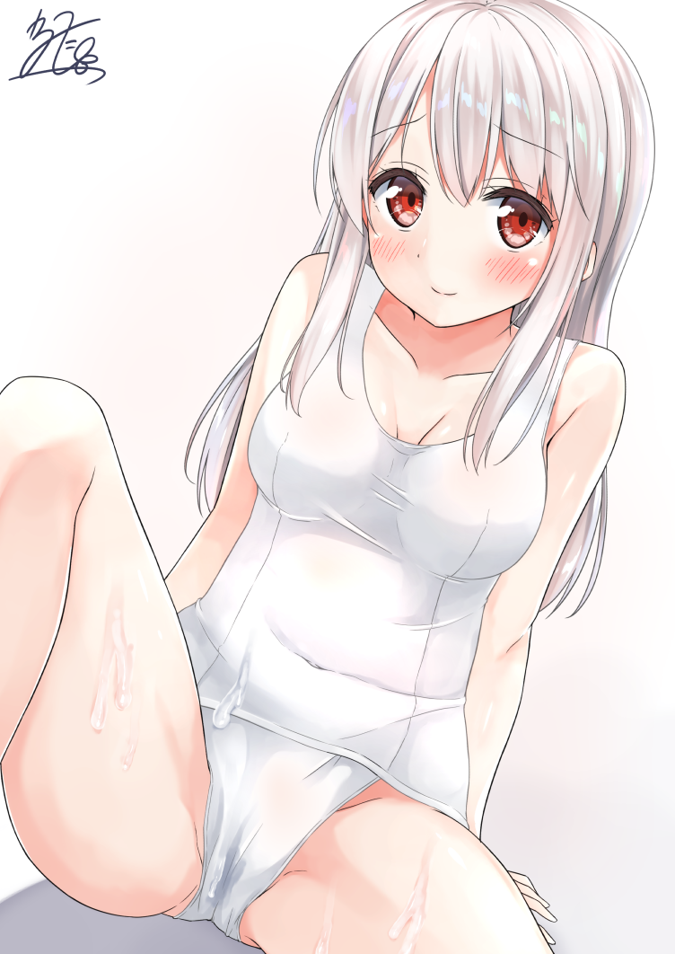 arm_support bare_legs bare_shoulders blush breasts cameltoe collarbone commentary_request covered_navel karutamo long_hair looking_at_viewer medium_breasts old_school_swimsuit one-piece_swimsuit original red_eyes school_swimsuit silver_hair simple_background sitting smile solo spread_legs suggestive_fluid swimsuit tisshu_(karutamo) white_background white_swimsuit