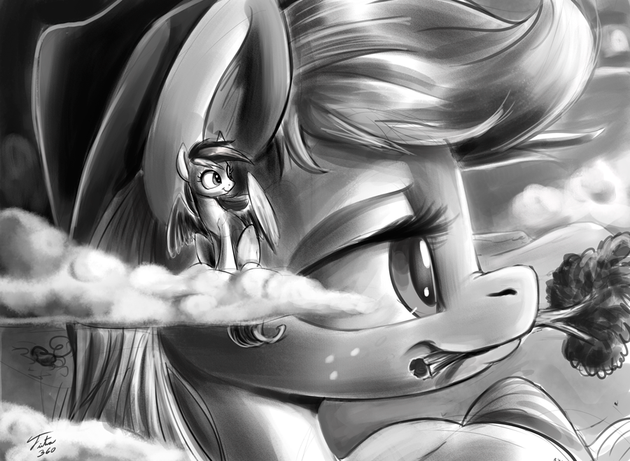 2016 applejack_(mlp) cloud duo earth_pony equine eyelashes feathered_wings feathers female feral freckles friendship_is_magic greyscale hair hat horse macro mammal monochrome mouth_hold my_little_pony on_cloud pegasus pony rainbow_dash_(mlp) smile tree tsitra360 wings