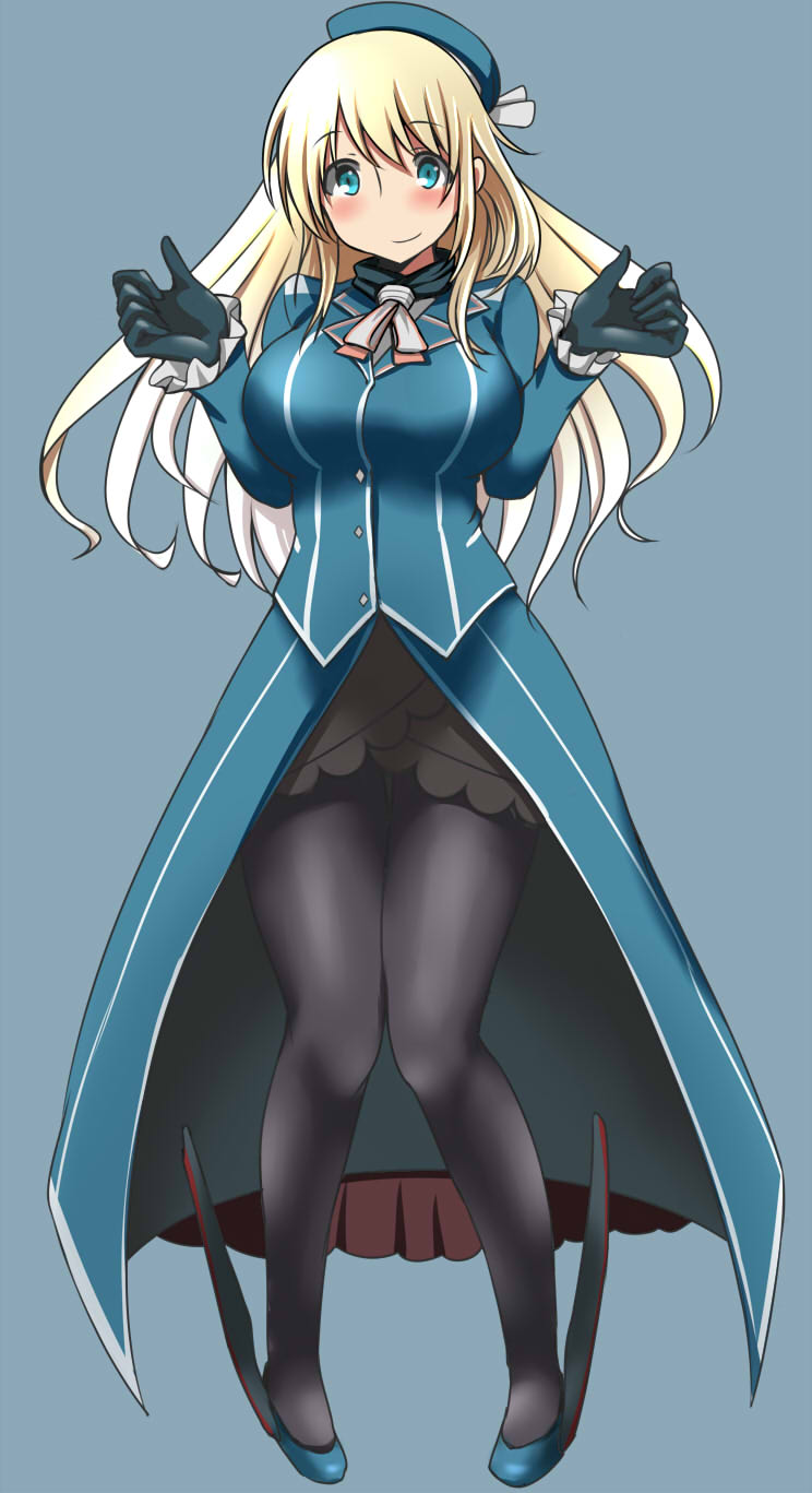 atago_(kantai_collection) bangs beret black_gloves black_legwear blonde_hair blue_background blue_eyes blue_hat blue_jacket breasts commentary_request eyebrows eyebrows_visible_through_hair frilled_sleeves frills full_body gloves hair_between_eyes hands_up hat high_heels highres jacket kantai_collection knees_together_feet_apart large_breasts long_hair looking_at_viewer neck_ribbon pantyhose pigeon-toed ribbon sidelocks simple_background sketch skirt smile solo w_arms yoiyoi_(kannkann100)