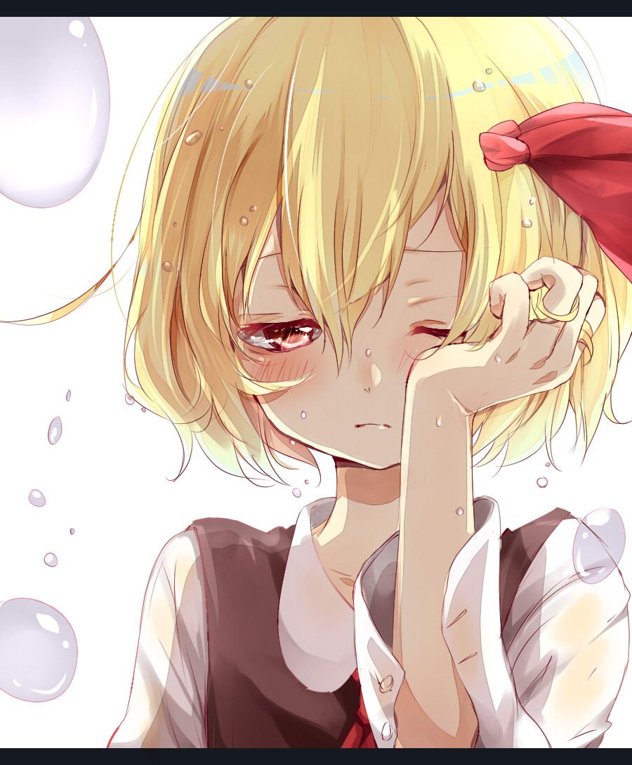 ;( black_vest blonde_hair blush buttons close-up closed_mouth collared_shirt crying crying_with_eyes_open frown hair_ribbon hand_in_hair hand_up letterboxed long_sleeves looking_away looking_down misa_(kaeruhitode) red_eyes red_ribbon ribbon rubbing_eyes rumia shirt short_hair simple_background solo tears touhou upper_body vest wet wet_hair white_background white_shirt wing_collar