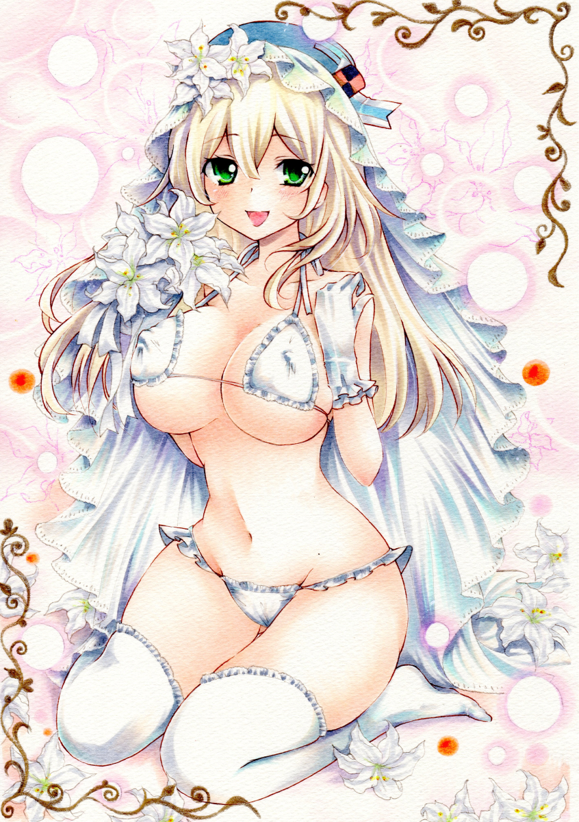 atago_(kantai_collection) beret blonde_hair blue_hat bouquet bra breasts bridal_veil cleavage collarbone covered_nipples eyebrows eyebrows_visible_through_hair floral_background flower frilled_bra frilled_panties frills full_body gloves green_eyes groin hair_between_eyes hat highres holding holding_flower kantai_collection knees_together_feet_apart large_breasts long_hair looking_at_viewer lowleg lowleg_panties marker_(medium) navel no_shoes panties ribbon sitting solo stomach thighhighs thighs traditional_media underboob underwear veil wariza white_bra white_flower white_gloves white_legwear white_panties white_ribbon yoruoujito-tsukinohime