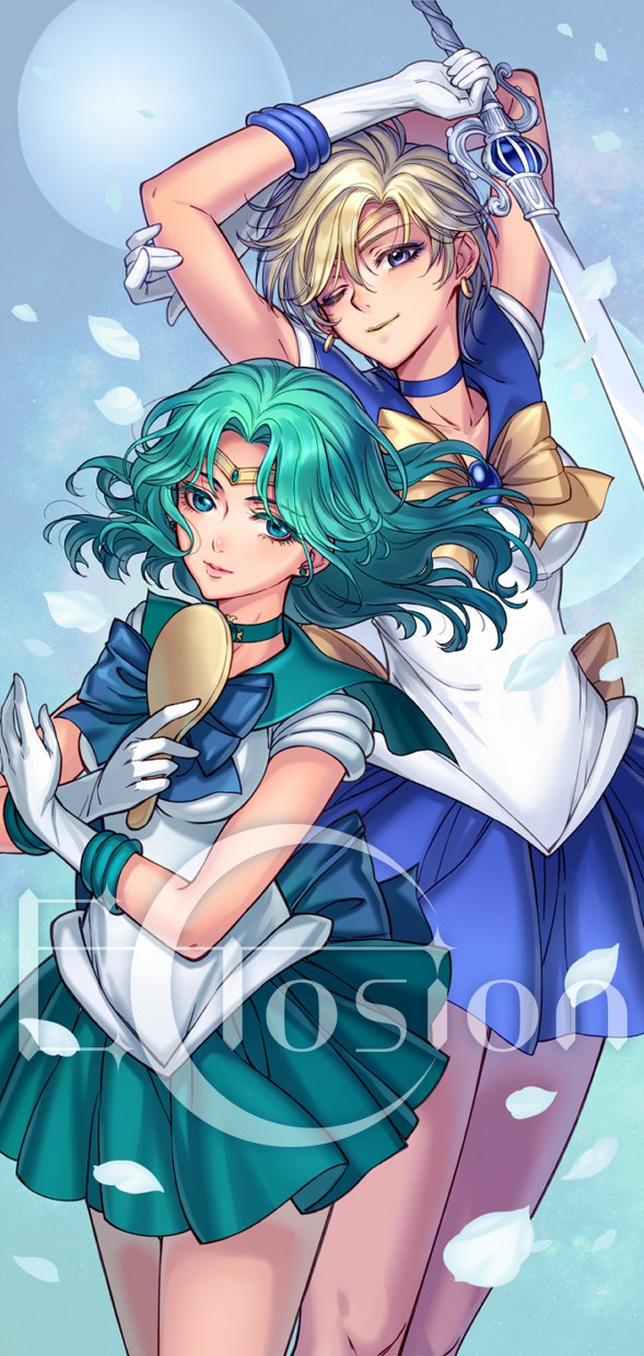 artist_name bishoujo_senshi_sailor_moon blonde_hair blue_background blue_bow blue_choker blue_eyes blue_sailor_collar blue_skirt bow brooch choker cowboy_shot deep_aqua_mirror earrings eclosion green_eyes green_hair green_skirt highres jewelry kaiou_michiru looking_at_viewer magical_girl multiple_girls one_eye_closed outer_senshi petals pleated_skirt sailor_collar sailor_neptune sailor_senshi sailor_senshi_uniform sailor_uranus short_hair skirt space_sword sword ten'ou_haruka tiara very_short_hair weapon yellow_bow