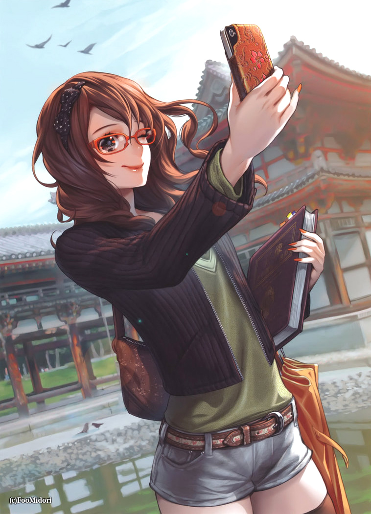 architecture bag banned_artist belt bird book bow brown_eyes brown_hair cellphone commentary day east_asian_architecture fingernails glasses green_shirt hair_bow handbag iphone long_hair long_sleeves midori_fuu one_eye_closed original phone red-framed_eyewear shirt shorts sky smartphone smile solo sweater thighhighs