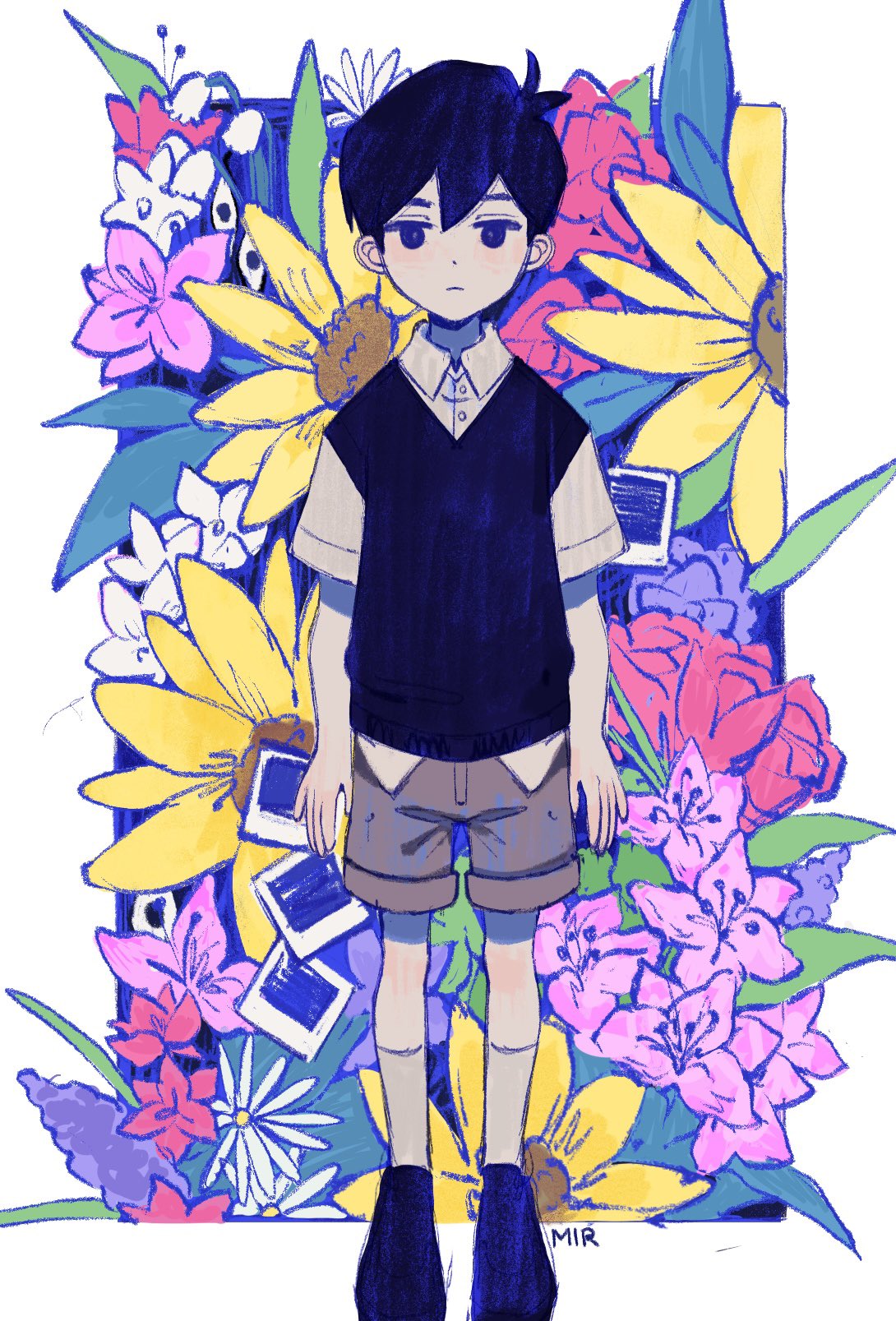 1boy ahoge black_eyes black_footwear black_hair black_vest border brown_shorts closed_mouth collared_shirt commentary english_commentary floral_background flower frown full_body hair_between_eyes highres jitome layered_clothes leaf lily_of_the_valley male_focus omori pink_flower polaroid_photo purple_flower red_flower red_rose rightgate rose shirt shoes short_sleeves shorts signature sleeveless socks solo straight-on sunflower sunny_(omori) vest white_border white_flower white_shirt white_socks wing_collar yellow_flower