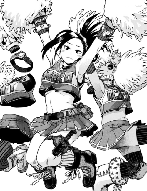 ashido_mina boku_no_hero_academia boots cheerleader hagakure_tooru invisible knife legs monochrome multiple_girls pom_pom pom_poms thighhighs yaoyorozu_momo