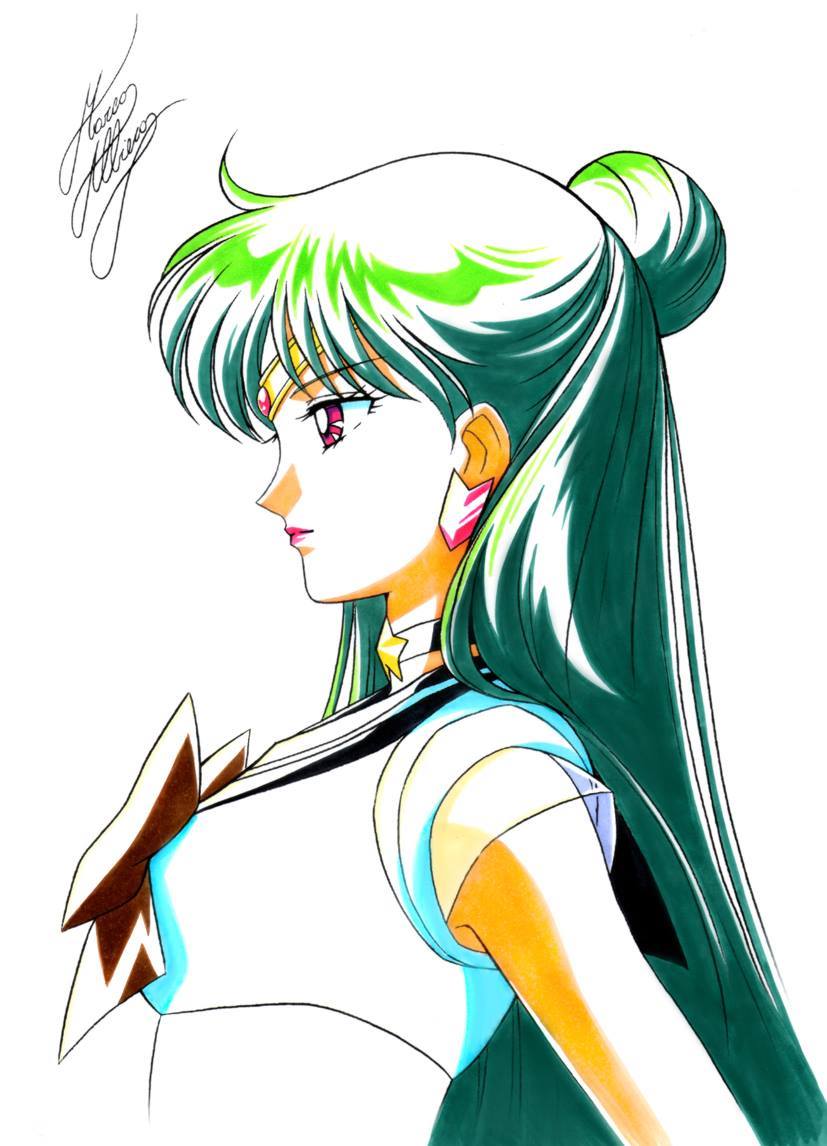 bishoujo_senshi_sailor_moon bow brown_bow choker earrings green_hair hair_bun jewelry lipstick long_hair makeup marco_albiero marker_(medium) meiou_setsuna pink_lipstick profile red_eyes sailor_pluto sailor_senshi_uniform signature simple_background solo star star_choker super_sailor_pluto tiara traditional_media upper_body white_background