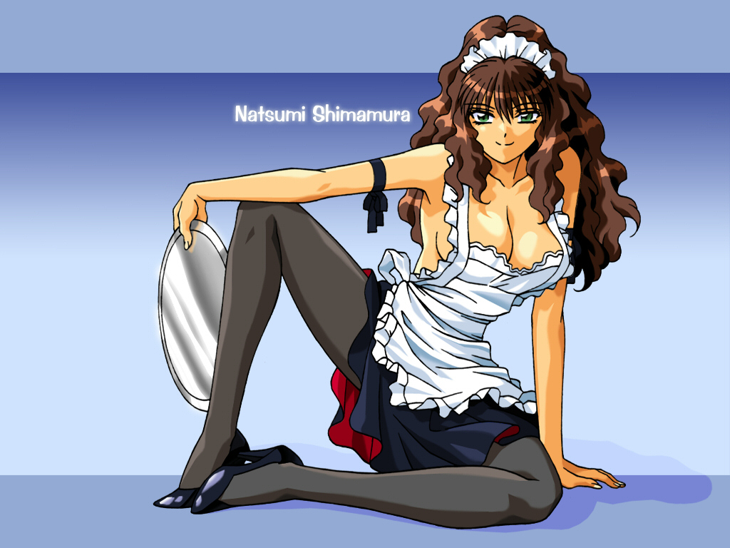 90s apron arm_ribbon arm_support bangs black_legwear breasts brown_hair character_name cleavage frills full_body gradient gradient_background green_eyes hair_between_eyes high_heels holding keseran large_breasts leaning legs letterboxed long_hair looking_at_viewer maid_headdress naked_apron naughty_face no_shirt official_art oldschool pantyhose private_garden reflection ribbon shadow shimamura_natsumi shoes sideboob sidelocks sitting skirt smile solo spread_legs tray waitress wallpaper wavy_hair