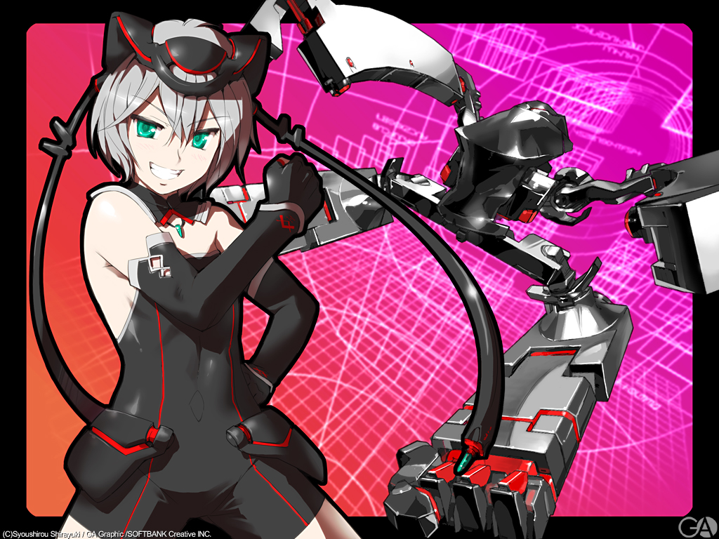 :d black_bodysuit black_border black_gloves bodysuit border cable clenched_hand covered_navel elbow_gloves gagraphic gloves green_eyes grin hair_between_eyes hat machinery mecha_musume open_mouth shirayuki_shoushirou short_hair silver_hair skin_tight smile solo wallpaper