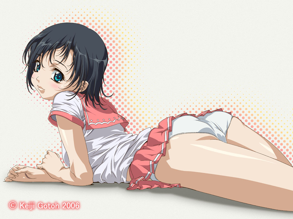 ass black_hair blue_eyes blush gotou_keiji looking_back lying on_stomach original panties pantyshot pantyshot_(lying) school_uniform short_hair skirt solo underwear wallpaper white_panties