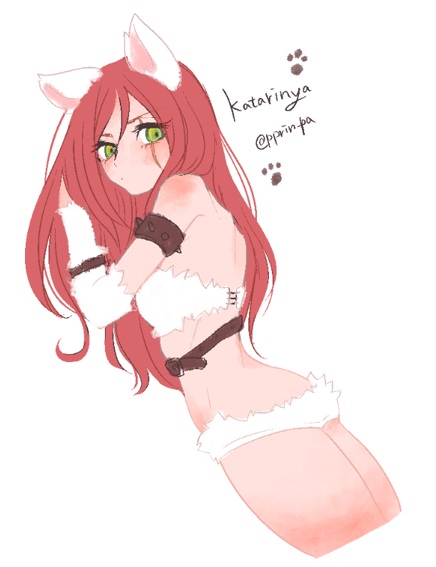 animal_ears ass back bare_back bare_shoulders belt blush breasts cat_ears cowboy_shot flat_ass green_eyes hair_between_eyes hand_in_hair katarina_du_couteau kitty_cat_katarina league_of_legends long_hair looking_down medium_breasts otani_(kota12ro08) paw_print pun red_hair scar simple_background solo strapless thighs twitter_username