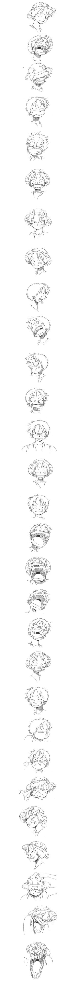 angry hand_on_head happy hat hat_over_eyes looking_at_viewer male_focus monkey_d_luffy monochrome multiple_persona one_piece open_mouth smile solo straw_hat tear