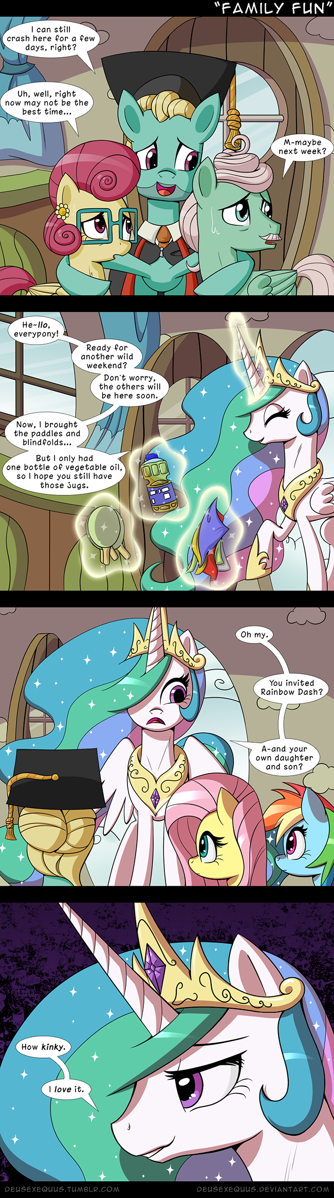 2016 bottle clothed clothing comic crown curtains deusexequus dialogue door english_text equine eyewear feathered_wings feathers female feral fluttershy_(mlp) friendship_is_magic fur glasses group hair hat hi_res horn inside jewelry magic male mammal mr_shy_(mlp) mrs_shy_(mlp) my_little_pony necklace paddle pegasus pink_hair princess_celestia_(mlp) rainbow_dash_(mlp) sweat text window winged_unicorn wings yellow_feathers zephyr_breeze_(mlp)