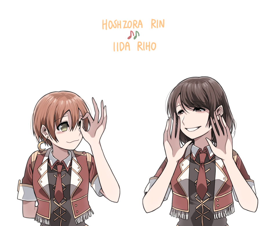 bad_hands bangs bokura_no_live_kimi_to_no_life character_name clipe crescent crescent_earrings earrings eighth_note fringe_trim grin hoshizora_rin iida_riho jewelry love_live! love_live!_school_idol_project multiple_girls musical_note necktie ok_sign orange_hair red_neckwear seiyuu_connection short_sleeves simple_background smile swept_bangs upper_body white_background