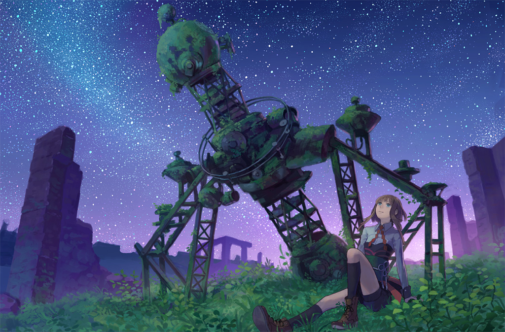 arm_support black_legwear black_shorts blue_eyes boots brown_footwear brown_hair closed_mouth collared_shirt grass hiko_(scape) kneehighs long_hair long_sleeves looking_up moss night original outdoors planetarium ruins shirt shorts sitting sky smile solo star_(sky) starry_sky telescope wing_collar