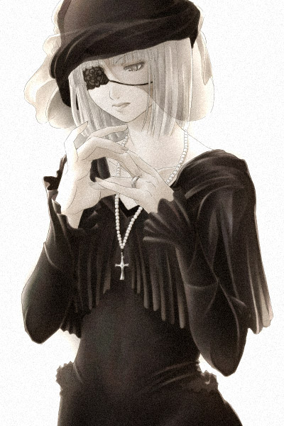 1girl adapted_costume aura-hysterica black_capelet black_dress black_flower black_hat bob_cut capelet closed_mouth commentary_request cross cross_necklace dress eyepatch flower flower_eyepatch funeral_dress grey_eyes hat jewelry mr.romance necklace ragnarok_online ring short_hair simple_background solo swordsman_(ragnarok_online) upper_body veil white_background white_hair