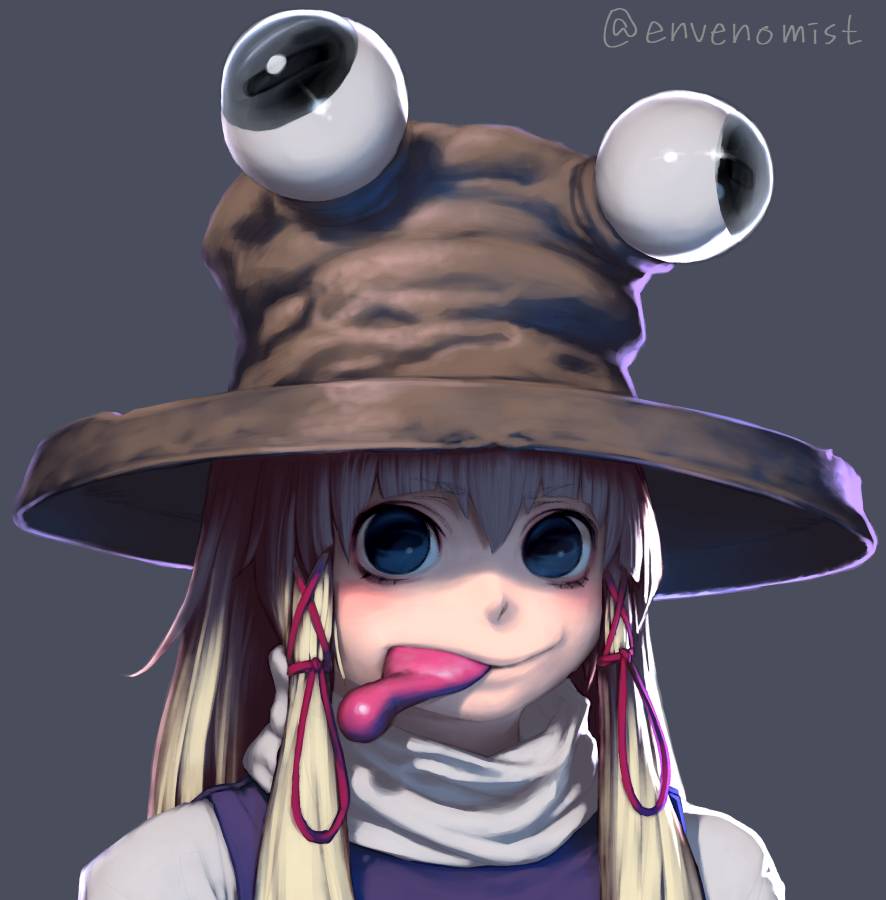 bangs blonde_hair blue_eyes face gengoroumaru_(ambidextrous) hair_between_eyes hat long_hair long_tongue looking_at_viewer moriya_suwako portrait pyonta ribbon simple_background slit_pupils smile solo tongue tongue_out touhou twitter_username what wide-eyed