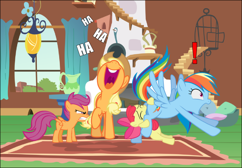 ! annoyed apple_bloom_(mlp) applejack_(mlp) equine female friendship_is_magic horse laugh mammal my_little_pony oral pony rainbow_dash_(mlp) scootaloo_(mlp)