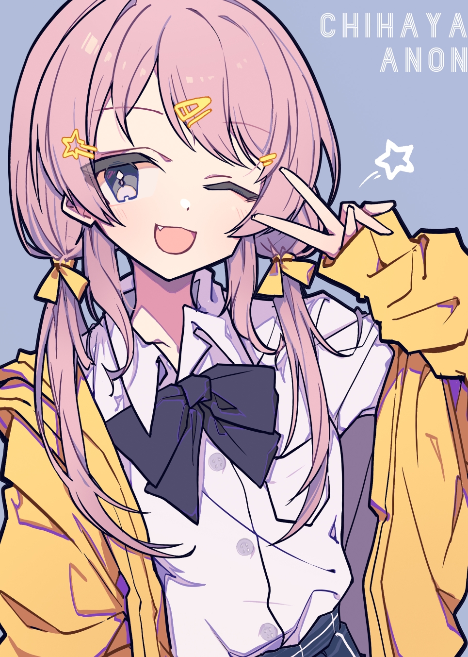 1girl ;d bang_dream! bang_dream!_it's_mygo!!!!! black_bow black_bowtie blue_background blush bow bowtie character_name chihaya_anon chinese_commentary collared_shirt commentary_request dress_shirt fang grey_eyes hair_ornament hair_ribbon hairclip highres jacket long_sleeves low_twintails one_eye_closed open_mouth pink_hair ribbon shirt simple_background sleeves_past_wrists smile solo twintails v v_over_eye white_shirt yellow_jacket yellow_ribbon zhong_xiansheng