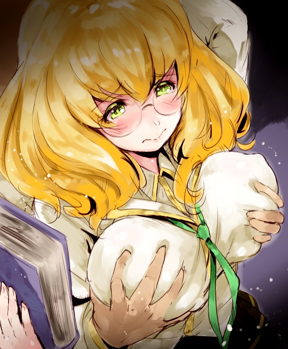 blazblue blonde_hair book breast_grab breasts denizen_tomo glasses grabbing green_eyes huge_breasts long_hair rape school_uniform solo_focus trinity_glassfield