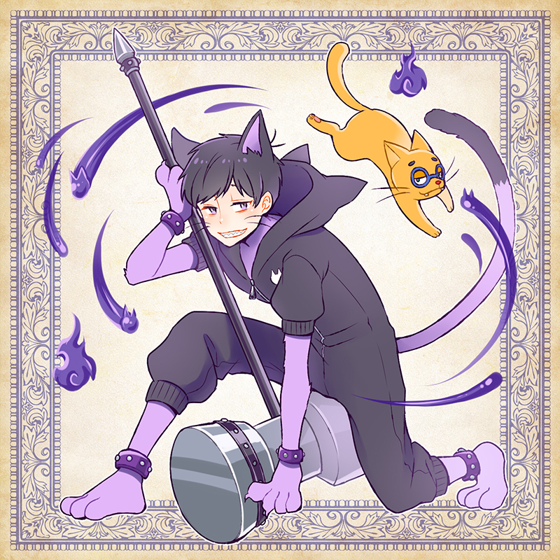 alternate_eye_color animal_ears animal_hood brown_hair cat cat_ears cat_hood cat_paws cat_tail cosplay esper_nyanko fullbokko_heroes geri_(fullbokko_heroes) geri_(fullbokko_heroes)_(cosplay) grin hammer hood jumpsuit kneeling male_focus matsuno_ichimatsu nightcat osomatsu-kun osomatsu-san paws purple_eyes sharp_teeth smile tail teeth whiskers