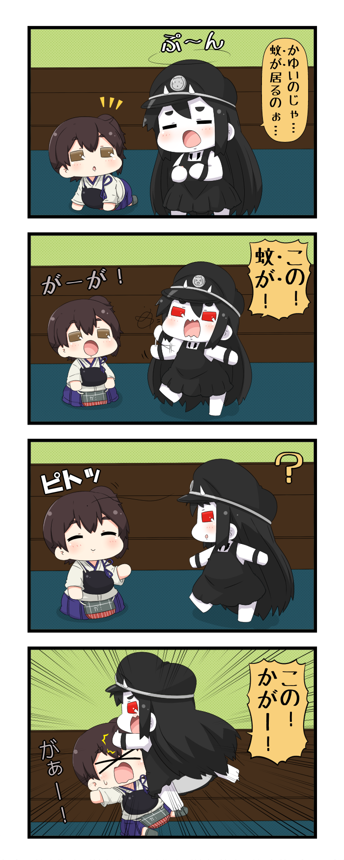 2girls 4koma arm_up battleship_hime black_hair brown_eyes brown_hair check_translation chibi closed_eyes comic commentary crawling dress fang hakama hat highres hitting horns japanese_clothes jumping kaga_(kantai_collection) kantai_collection leg_up long_hair multiple_girls muneate oni_horns open_mouth peaked_cap puchimasu! pun red_eyes shinkaisei-kan side_ponytail sleeveless sleeveless_dress surprised tasuki translation_request waving_arm yuureidoushi_(yuurei6214)