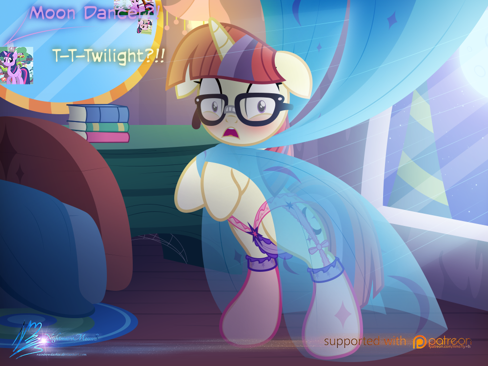 2016 blush book clothing curtains dialogue english_text equine eyewear female feral friendship_is_magic fur glasses hair horn inside looking_at_viewer mammal mirror moon moondancer_(mlp) multicolored_hair my_little_pony nightmaremoons patreon purple_eyes rug sky solo star table tan_fur text twilight_sparkle_(mlp) underwear unicorn window