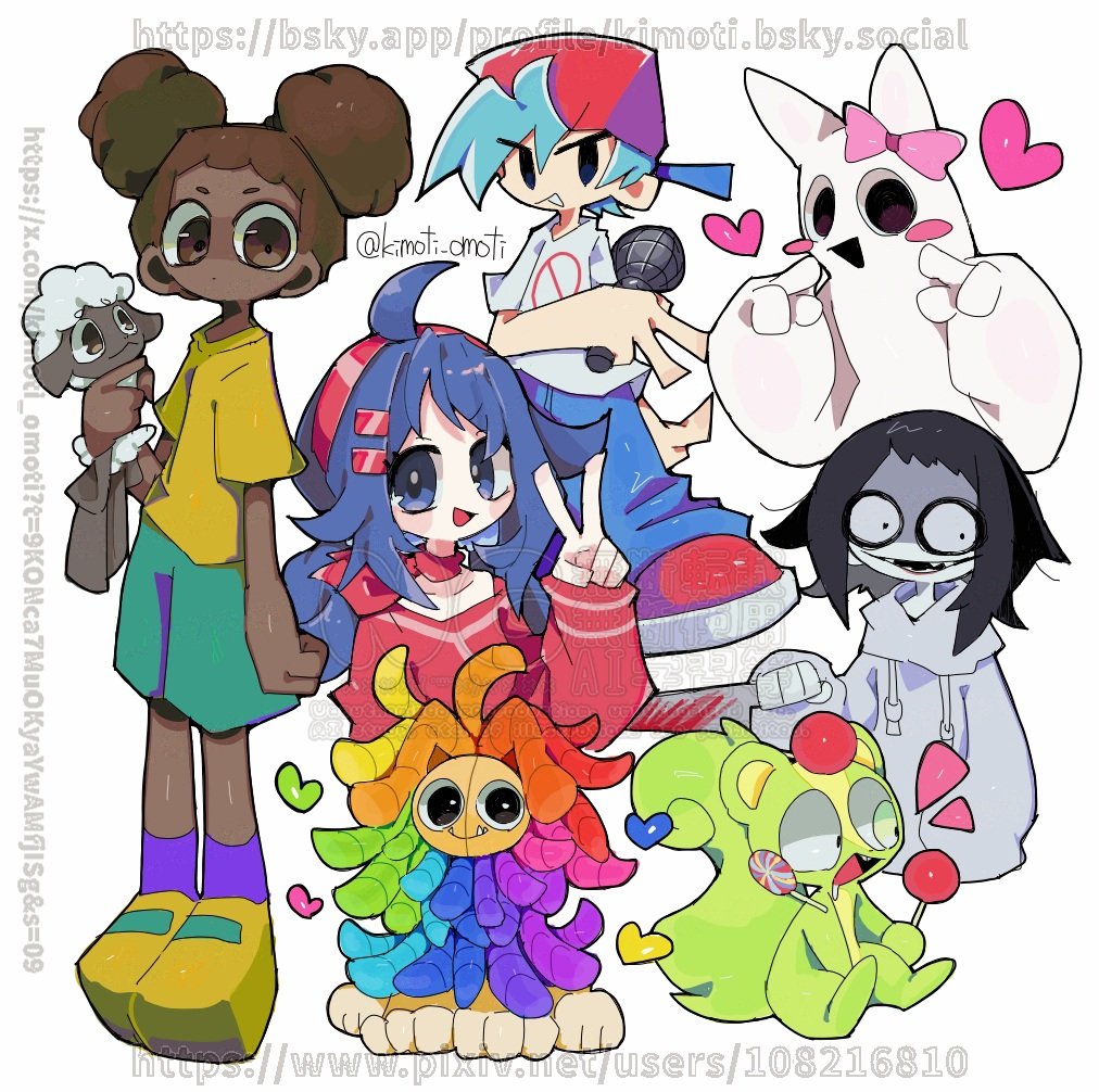 3boys 3girls :d afro_puffs ahoge amanda_(amanda_the_adventurer) amanda_the_adventurer arm_at_side backwards_hat banbaleena baseball_cap black_eyes black_hair black_mouth blood blood_on_knife blue_hair blue_pants blush_stickers bow boyfriend_(friday_night_funkin') brown_hair candy character_doll character_request closed_mouth colored_skin commentary_request copyright_request crazy_mita_(miside) creepypasta cropped_torso crossover dark-skinned_female dark_skin doll double_bun fewer_digits food friday_night_funkin' full_body furry furry_male garten_of_banban green_shorts green_skin grin hair_bun hair_ornament hairband hand_up happy_tree_friends hat heart holding holding_candy holding_doll holding_food holding_knife holding_lollipop hood hood_down hoodie jeff_the_killer kimoti_omoti kneehighs knife lollipop long_hair long_sleeves looking_at_viewer looking_to_the_side miside mita_(miside) multiple_boys multiple_crossover multiple_girls notice_lines nutty_(happy_tree_friends) open_mouth pants pink_bow pointing pointing_at_self purple_socks red_hairband red_hat red_shirt reverse_grip sharp_teeth shirt shoes short_hair short_sleeves shorts simple_background single_bare_shoulder single_off_shoulder smile socks squirrel_boy t-shirt teeth tongue twitter_username v very_dark_skin watermark web_address white_background white_hoodie white_shirt white_skin wide-eyed wooly_(amanda_the_adventurer) yellow_shirt yellow_shoes