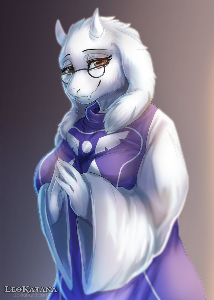 2016 anthro big_breasts boss_monster breasts caprine clothed clothing english_text eyewear female fur glasses goat grey_background half-closed_eyes horn leokatana looking_at_viewer mammal red_eyes robe simple_background smile solo text toriel undertale video_games white_fur white_horn