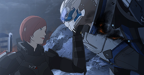 alien animated armor clothed clothing commander_shepard detailed_background dialogue duo female garrus hud human male mammal mass_effect no_sound outside raining romantic_couple sky turian video_games wei723