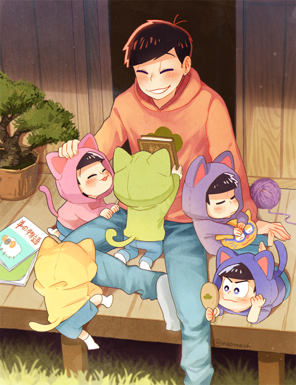 ^_^ animal_ears animal_hood back barefoot black_hair blue_eyes blue_pants blue_shorts bonsai book brothers cat_ears cat_hood cat_tail chibi climbing closed_eyes esper_nyanko fake_animal_ears grass grin hand_mirror hand_on_another's_head holding holding_book hood hood_down hoodie kneeling leaning_back light_particles long_sleeves lying male_focus matsuno_choromatsu matsuno_ichimatsu matsuno_juushimatsu matsuno_karamatsu matsuno_osomatsu matsuno_todomatsu meoon mirror multiple_boys namco_namja_town no_shoes on_stomach osomatsu-kun osomatsu-san pants petting plant potted_plant seiza sextuplets shade sheep shorts siblings sitting sleeping smile socks stitches stuffed_animal stuffed_cat stuffed_toy tail tree yarn yarn_ball