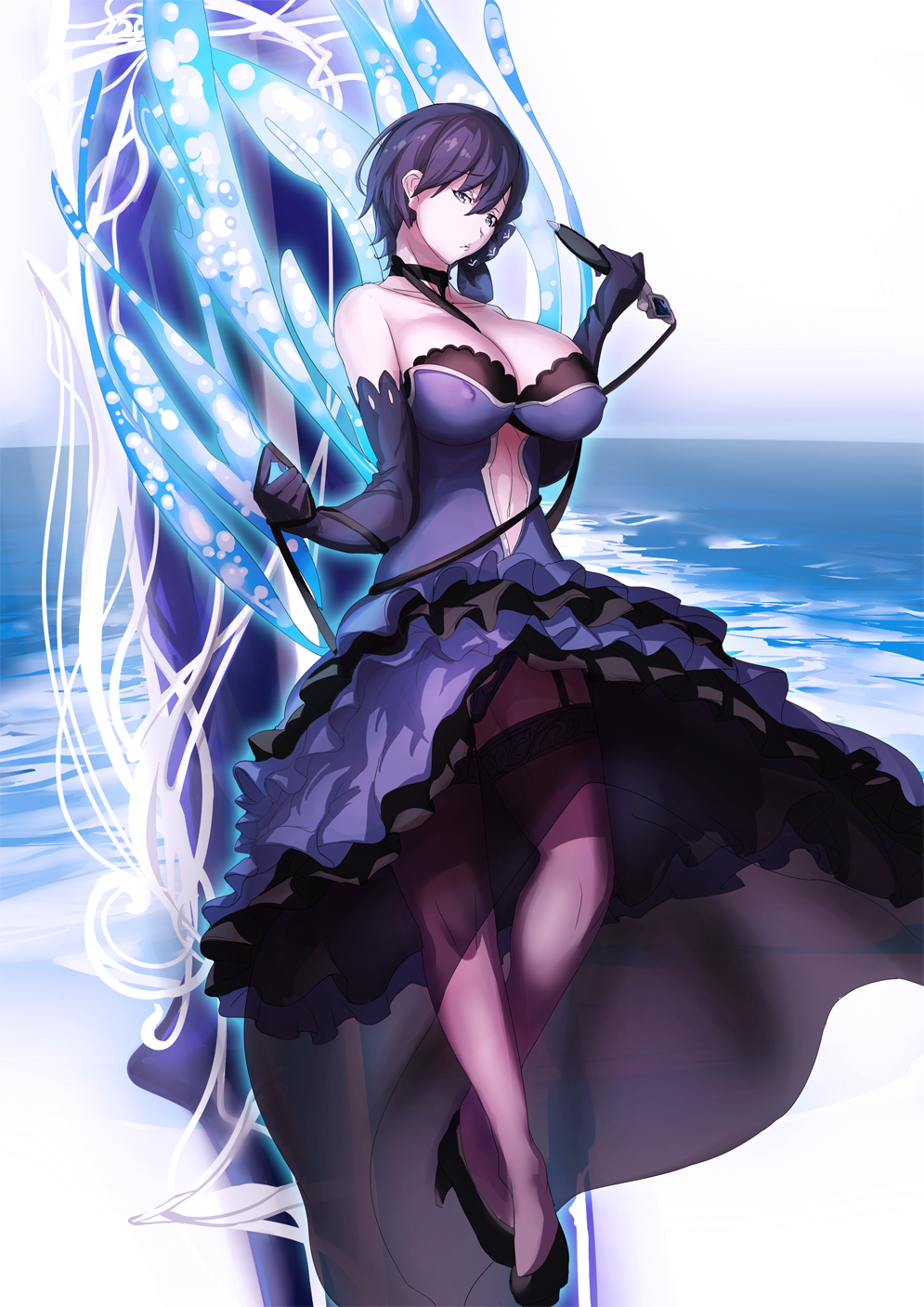 black_gloves black_hair black_legwear breasts cattleya_(gothic_wa_mahou_otome) collar covered_nipples dress elbow_gloves ere_(2516325) frilled_dress frills garter_straps gloves gothic_wa_mahou_otome highres huge_breasts see-through short_hair solo strapless strapless_dress thighhighs