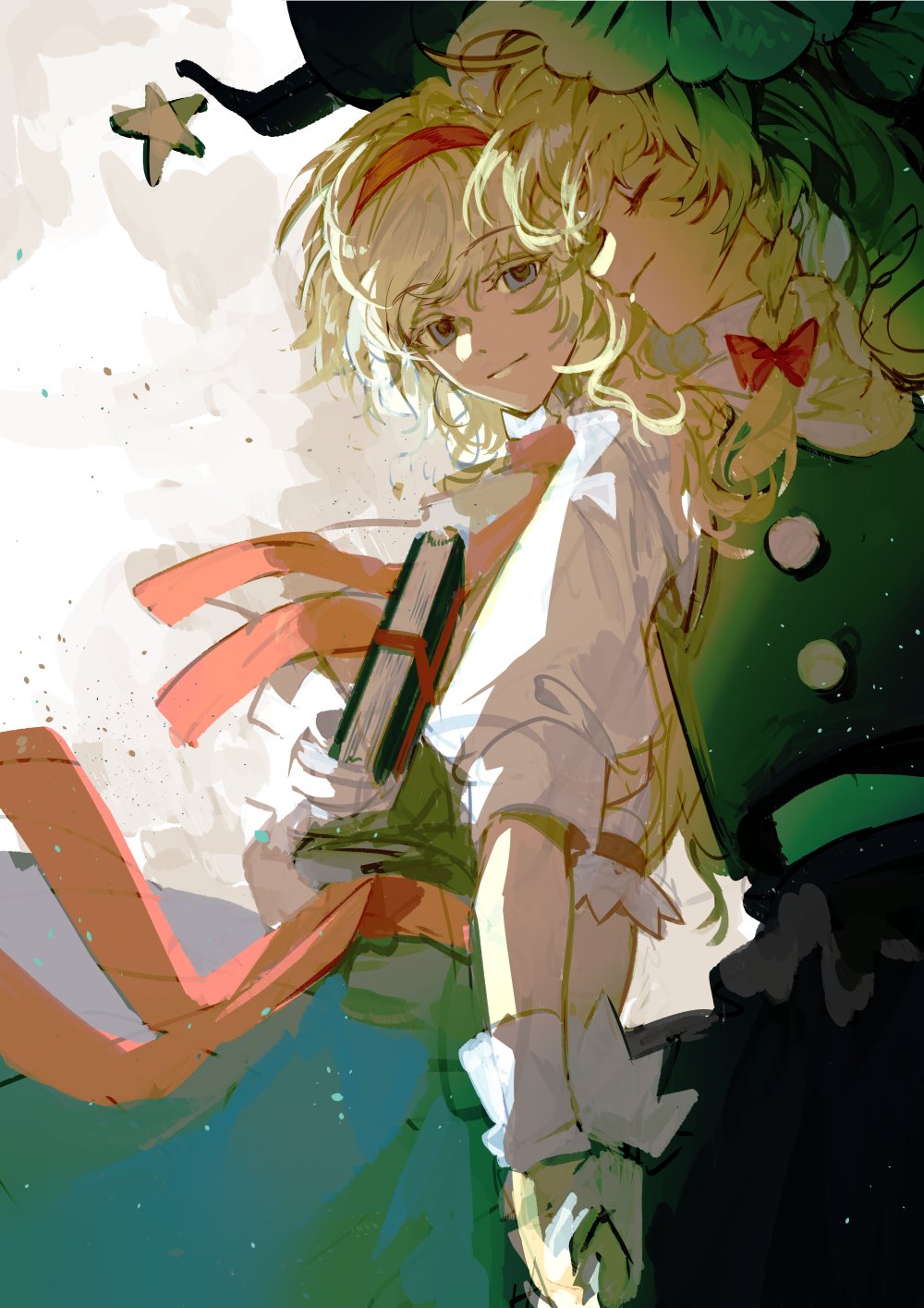 2girls alice_margatroid black_skirt black_vest blonde_hair blue_dress blue_eyes book braid closed_eyes closed_mouth dress hairband hat highres holding holding_book holding_hands kirisame_marisa lolita_hairband long_hair looking_at_another medium_hair multiple_girls shirt short_sleeves skirt smile touhou vest white_background white_shirt witch_hat wrist_cuffs xian_qishui