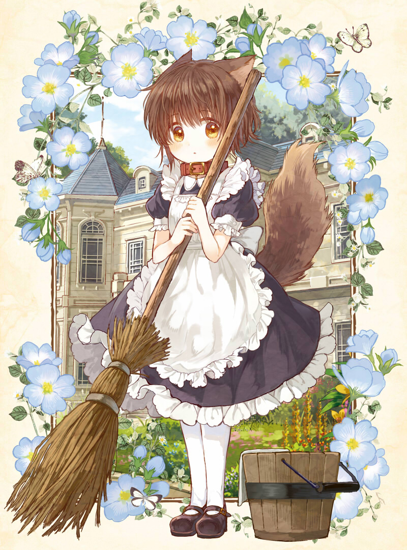 animal_ears apron bad_id bad_pixiv_id broom brown_hair bucket bug building butterfly child collar dress floral_background flower frilled_dress frills full_body gold goshujin-sama_to_kemonomimi_no_shoujo_meru holding insect itou_hachi looking_at_viewer maid maid_apron mary_janes mel_(goshujin-sama_to_kemonomimi_no_shoujo_meru) orange_eyes outdoors pantyhose shoes short_hair short_sleeves sky solo tail white_legwear window