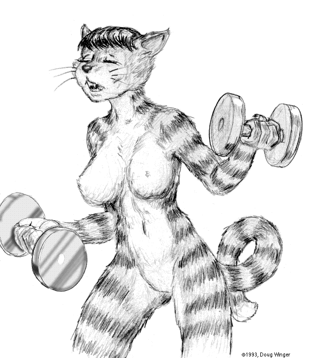 1993 anthro cat doug_winger dumbbell feline female fur mammal solo striped_fur stripes weights