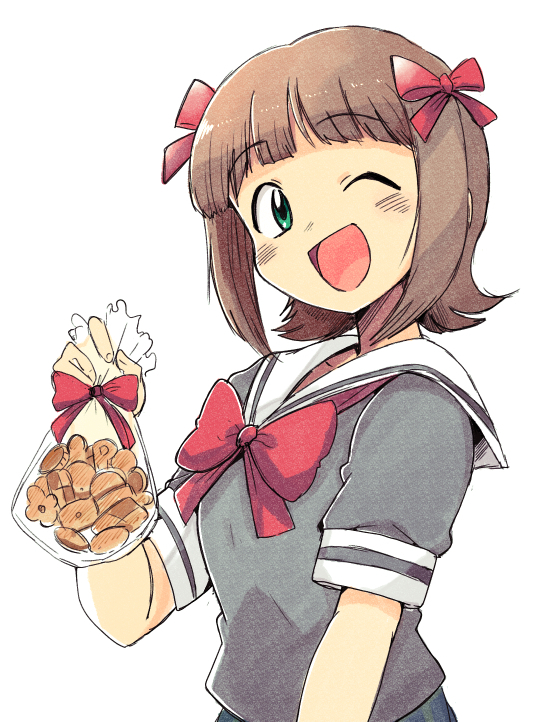 1girl ;d amami_haruka bag black_shirt bow bowtie brown_hair cookie food green_eyes hair_bow hand_up idolmaster idolmaster_(classic) looking_at_viewer neck_ribbon one_eye_closed open_mouth red_bow red_bowtie red_ribbon ribbon sailor_collar shirt short_hair short_sleeves simple_background skirt smile tsubobot upper_body white_background white_sailor_collar