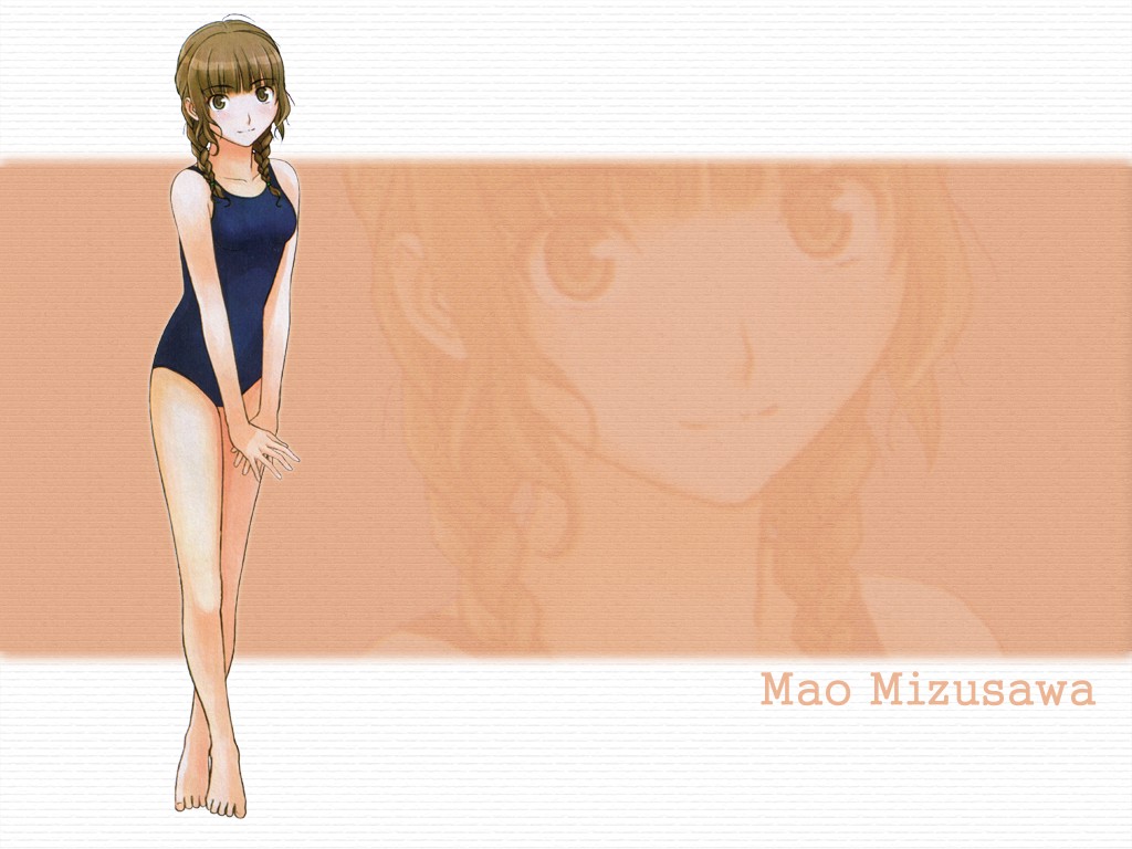artist_request barefoot braid brown_background brown_eyes brown_hair character_name kimi_kiss legs looking_at_viewer mizusawa_mao one-piece_swimsuit school_swimsuit solo swimsuit twin_braids wallpaper zoom_layer