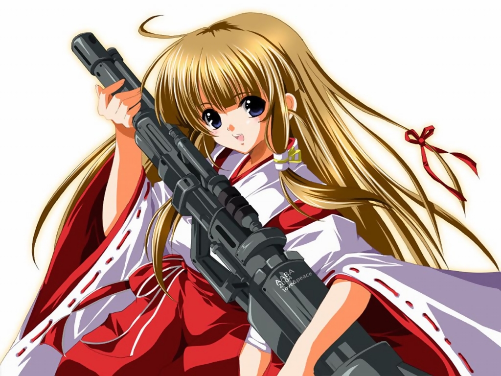 artist_request copyright_request gun hakama japanese_clothes long_sleeves miko red_hakama ribbon solo weapon
