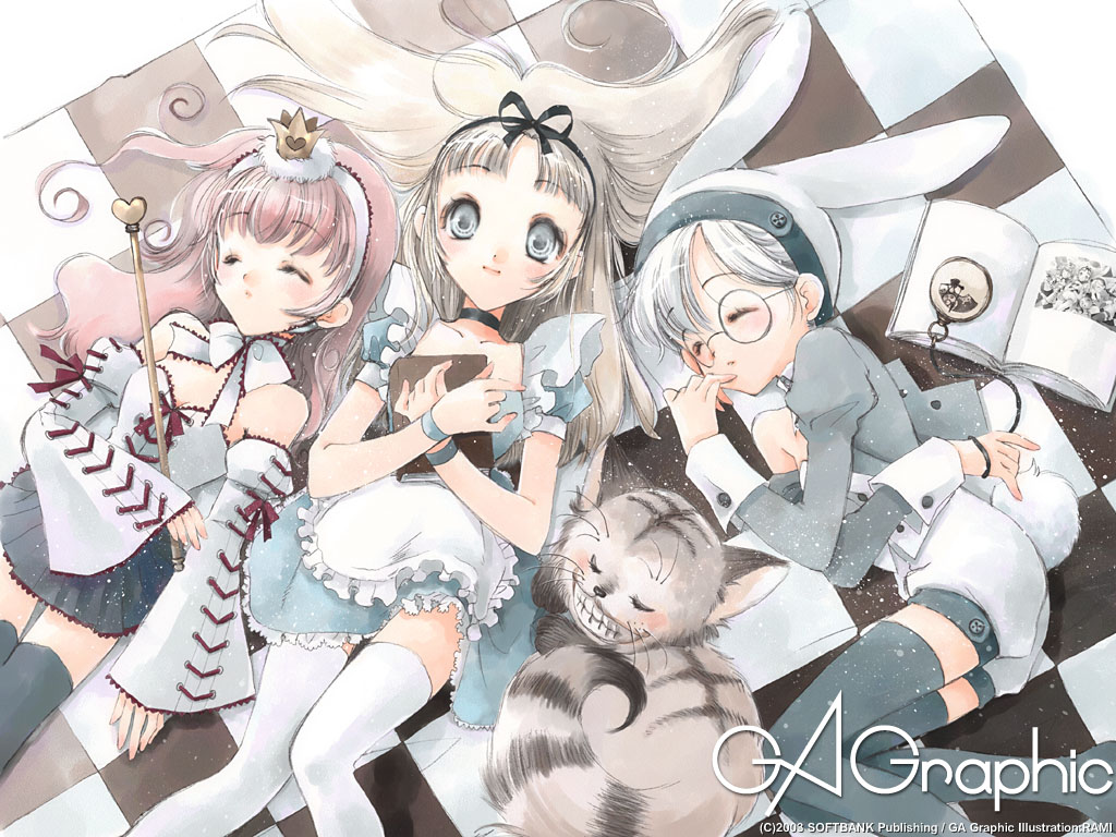 alice_(wonderland) alice_in_wonderland animal_ears blonde_hair blue_hair book brown_hair bunny_ears bunny_tail card cat cheshire_cat closed_eyes crown detached_sleeves dress gagraphic glasses grin hairband hato_rami long_hair long_sleeves lying magical_girl multiple_girls pink_hair pocket_watch queen_of_hearts sleeping smile tail thighhighs wallpaper wand watch white_hair white_legwear white_rabbit zettai_ryouiki
