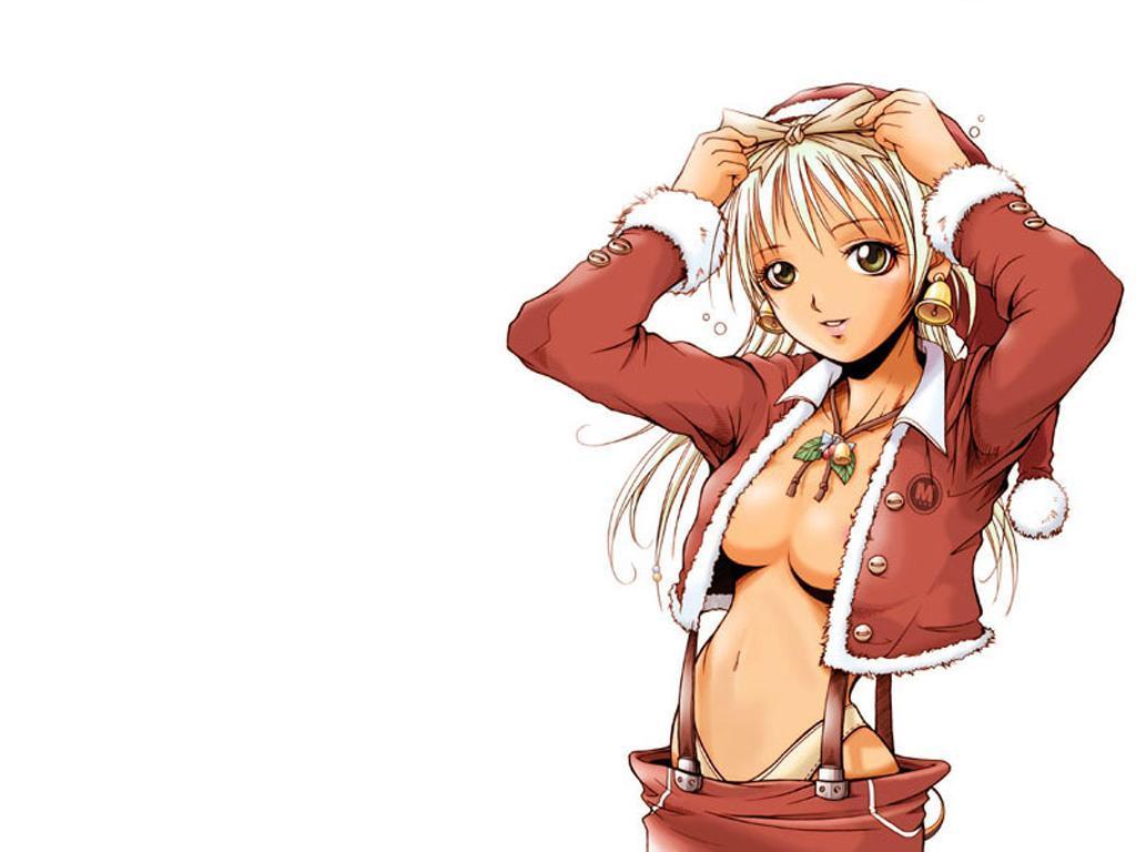 areolae artist_request bell bell_earrings breasts christmas copyright_request earrings green_eyes hair_ribbon hat jewelry long_hair long_sleeves medium_breasts midriff necklace no_bra open_clothes open_shirt panties ribbon santa_costume santa_hat shirt solo suspenders underwear wallpaper white_hair white_panties