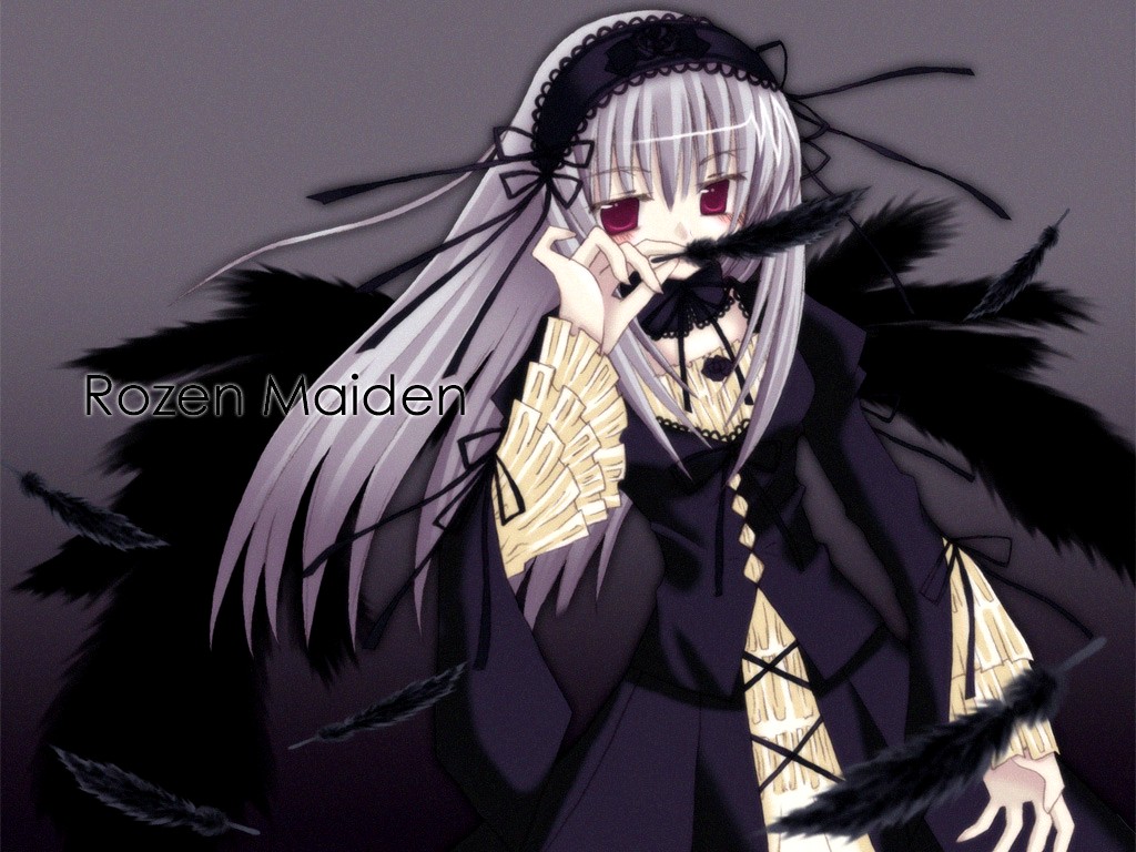 artist_request black_feathers feathers frills headband long_hair long_sleeves rozen_maiden silver_hair solo suigintou wings