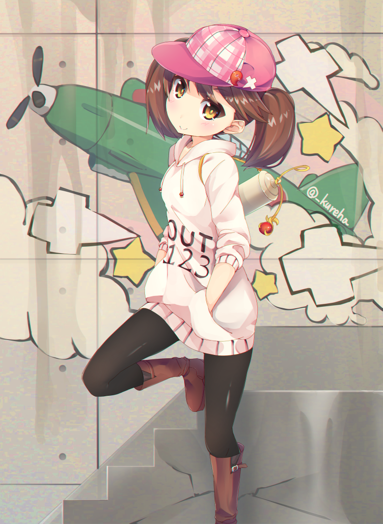 aircraft airplane black_legwear blush boots brown_hair casual clothes_writing colored_eyelashes dress graffiti hands_in_pockets hat hooded_dress kantai_collection kureha_(angelite) light_brown_eyes looking_at_viewer magatama pantyhose ryuujou_(kantai_collection) smile solo star stone_wall sweater sweater_dress twintails wall