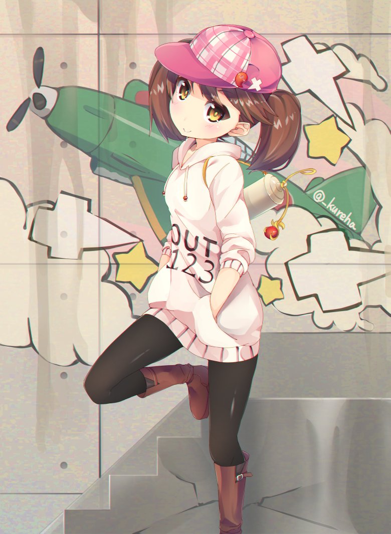 aircraft airplane bad_id bad_twitter_id black_legwear blush boots brown_hair casual clothes_writing commentary_request dress graffiti hands_in_pockets hat hooded_dress kantai_collection kureha_(angelite) light_brown_eyes looking_at_viewer magatama pantyhose ryuujou_(kantai_collection) smile solo star sweater sweater_dress twintails twitter_username wall