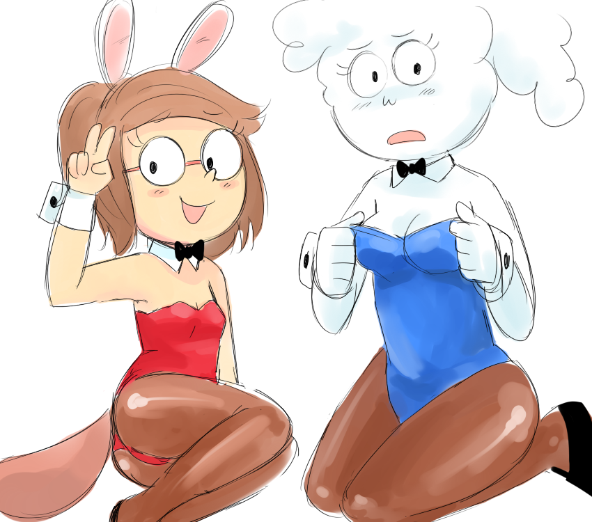 aipiepo anthro blush bow_tie breasts brown_hair bunny_costume cartoon_network cleavage clothed clothing cloud cloudy_jay duo eileen eyelashes eyewear fake_ears fake_rabbit_ears female frown glasses hair lingerie mammal mole open_mouth regular_show smile teddy_(clothing)