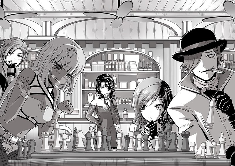 3girls anger_vein bangs bare_shoulders black_gloves blunt_bangs board_game bowler_hat breasts ceiling_fan chess chess_piece chessboard choker cigar cinder_fall cleavage clenched_hands covering_mouth dress drinking emerald_sustrai gloves greyscale hair_over_one_eye hand_on_hip hand_over_own_mouth hat heterochromia kaogei_moai laughing long_hair medium_breasts mercury_black monochrome multicolored_hair multiple_boys multiple_girls neo_(rwby) ponytail roman_torchwick rwby smoking smug strapless strapless_dress tearing_up two-tone_hair