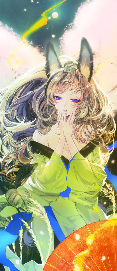 animal_ears bangs bare_shoulders blue_eyes breasts cleavage collarbone curly_hair eyelashes fox_ears hands_on_own_face japanese_clothes kimono large_breasts leaf leaf_on_head light_brown_hair light_particles long_hair long_sleeves looking_away looking_down looking_to_the_side obi oboro_muramasa off_shoulder oriental_umbrella parted_lips plant sash silver_hair solo umbrella wide_sleeves yaku_(ziroken) yuzuruha