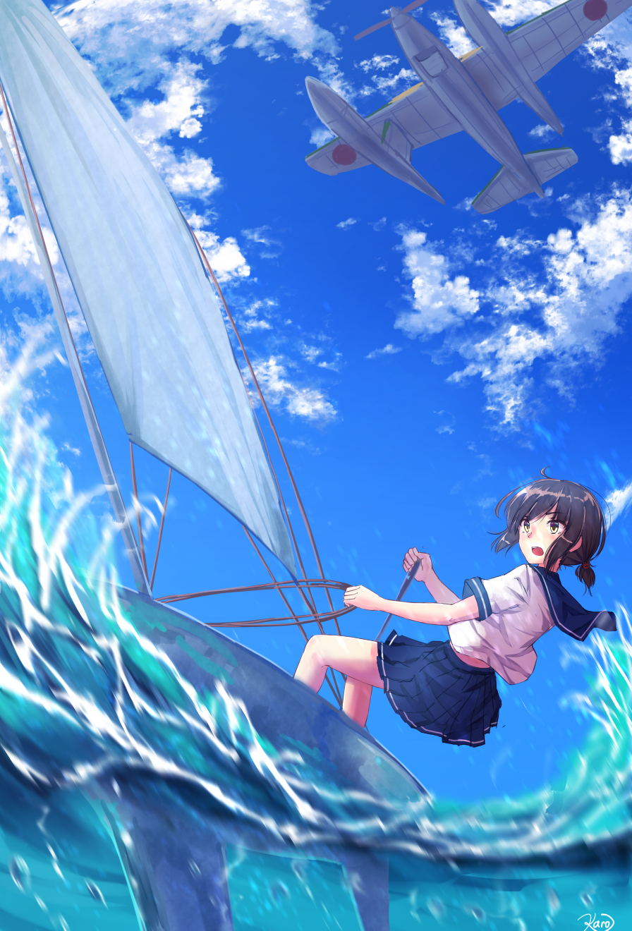 :o air_bubble aircraft airplane back black_hair blouse blue_skirt blue_sky boat bubble cloud day dutch_angle fubuki_(kantai_collection) highres holding kantai_collection karo-chan leaning_back low_ponytail m6a_seiran motion_blur ocean open_mouth outdoors pleated_skirt riding sailboat sailing school_uniform serafuku short_sleeves signature skirt sky solo water watercraft waves white_blouse yellow_eyes