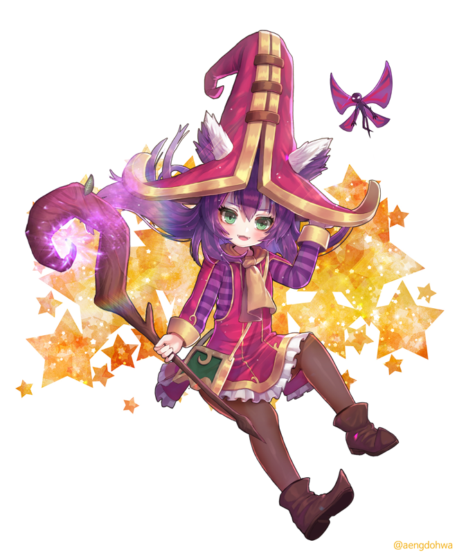 1girl :d adjusting_clothes adjusting_hat animal_ears blush dress ears_through_headwear fang floating_hair green_eyes hair_between_eyes hanato_(seonoaiko) hat holding holding_staff league_of_legends long_hair looking_at_viewer lulu_(league_of_legends) open_mouth pantyhose pix pointy_shoes purple_hair shoes smile staff star twitter_username v-shaped_eyebrows witch_hat yordle