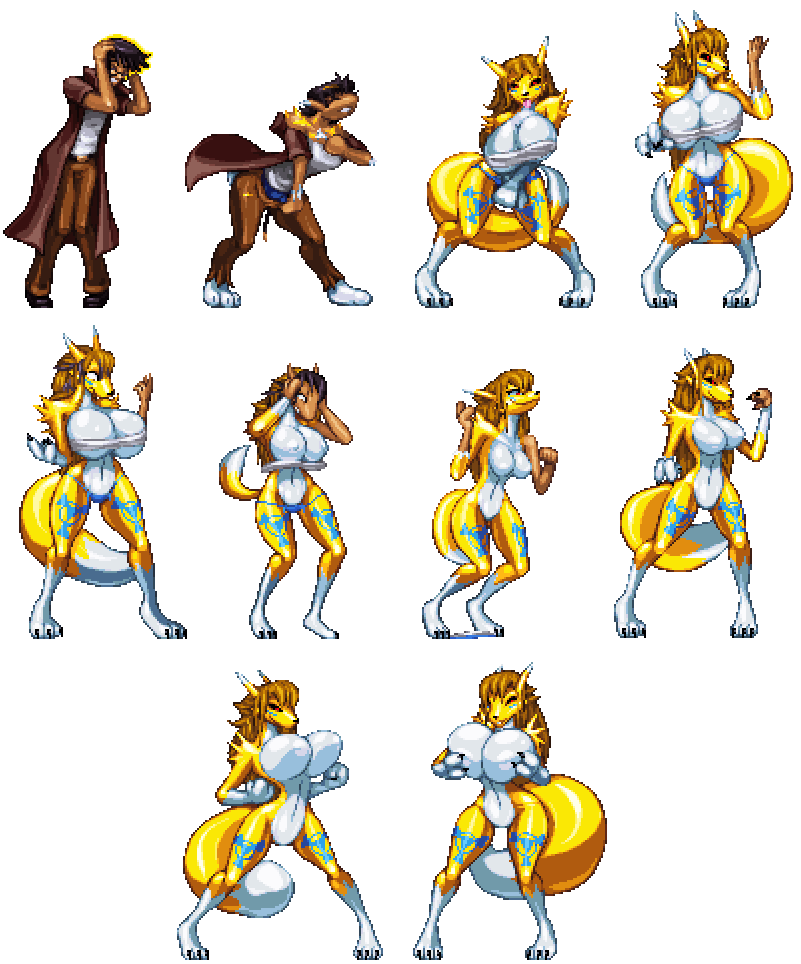 alpha_channel anthro big_breasts breast_grab breast_squish breasts brown_hair casetermk clothed clothing digimon digital_media_(artwork) female gender_transformation hair hand_on_breast human long_hair male mammal nipples pixel_(artwork) pose renamon skimpy solo standing transformation