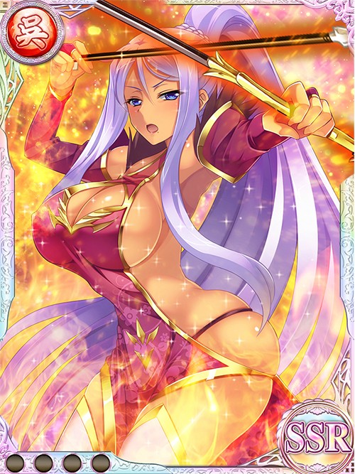 :o armpits arrow blue_eyes boots bow_(weapon) braid breasts bridal_gauntlets card_(medium) china_dress chinese_clothes cleavage cleavage_cutout covered_nipples cowboy_shot dark_skin detached_sleeves dress feathers fighting_stance fire foreshortening french_braid from_side hand_up high_ponytail hips holding holding_arrow holding_bow_(weapon) holding_weapon koihime_musou kougai large_breasts lavender_hair long_hair long_ponytail looking_at_viewer mole mole_under_mouth no_bra open_mouth outstretched_arm panty_straps pelvic_curtain ponytail purple_dress revealing_clothes sideboob sidelocks skindentation solo sparkle standing thighhighs thighs v-shaped_eyebrows very_long_hair weapon white_legwear